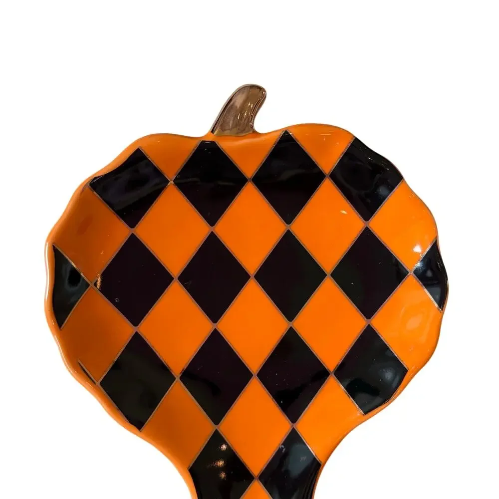 Black & Orange Harlequin Pumpkin Spoon Rest 10in Ceramic Checkered Halloween NEW